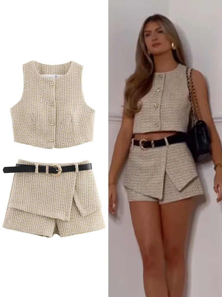 HH Frauen Mode Shorts Sets Einreiher O Neck Abgeschnitten Weste Hohe Taille Shorts Röcke Mit Gürtel High Street dame Outfits