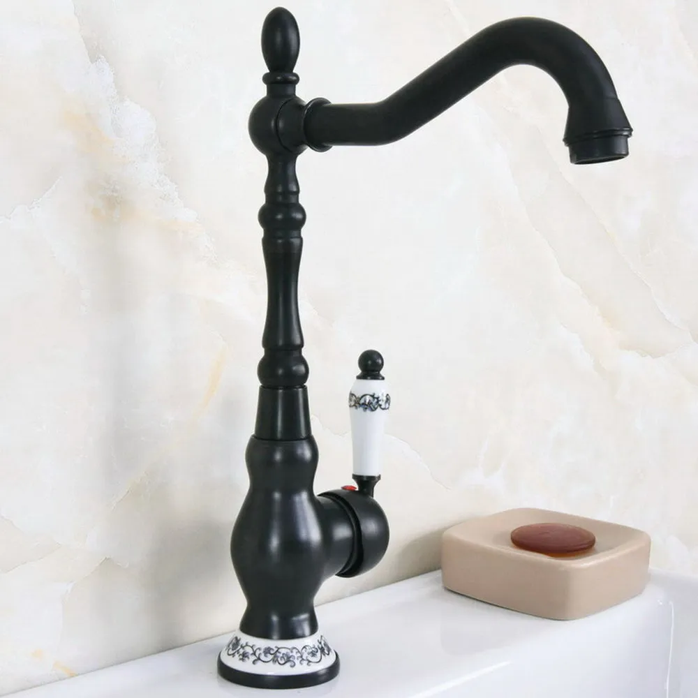 Black Oil Rubbed Bronze Swivel Spout Kitchen Faucet Ceramic Handle Wash Basin Sink Faucet Single Hole Deck Mounted Lnf656