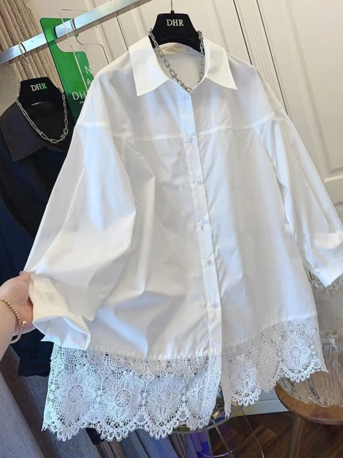 

Женская блузка с длинным рукавом и кружевными вставками, весна-осень, большие размеры, дизайнерская модель, премиум-класс, модная повседневная блузка