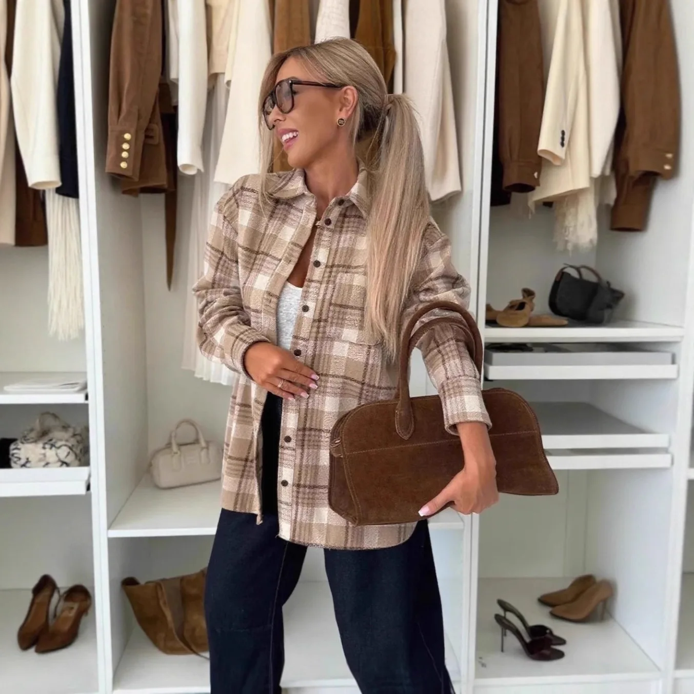 Novo vintage feminino oversized manga longa camisa xadrez blusa topos outono inverno botão para baixo solto lapela bolso camisa estilo rua