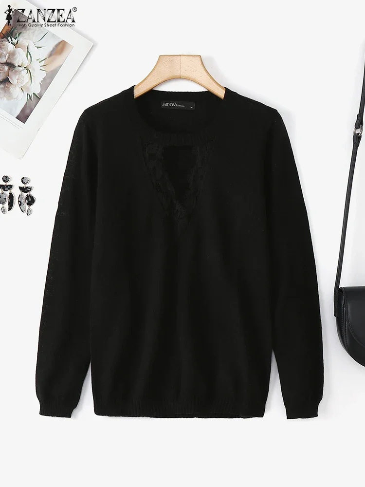 

ZANZEA Women Autumn Long Sleeve Lace Patchwork Pullovers Sweaters Fashion Round Neck Hollow Out Casual Soild Jumper Steerwear