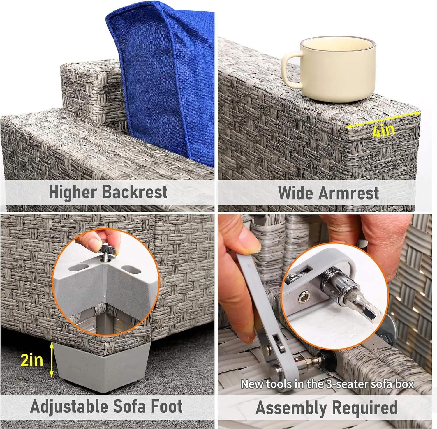 Outdoor Wicker Patio Furniture Set, PE Rattan Sofá Sofá com mesa, Varanda Móveis, Grey Set, 6 Pcs