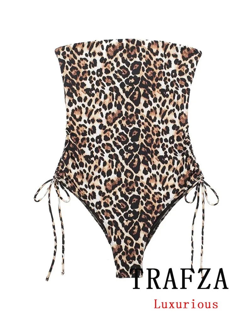 TRAFZA Sexy Vintage Bodysuits Leopard Sleeveless Bow Slim Short Bodysuits New Fashion 2024 Spring Summer Sheath Female Jumpsuits