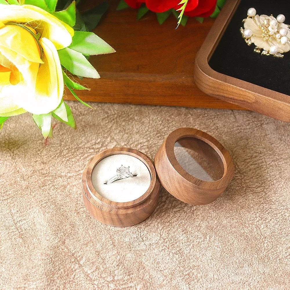 1/2 Slots Walnut Wood Rings Holder Round Wedding Rings Display Case Anti-collision Luxury Transparent Lid Rings Box