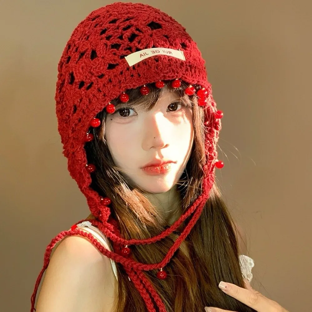 

Casual Handmade Crochet Tassels Cap Hollow Y2k Knitted Beanies Caps Sweet Pearls Weave Basin Hats Outdoor