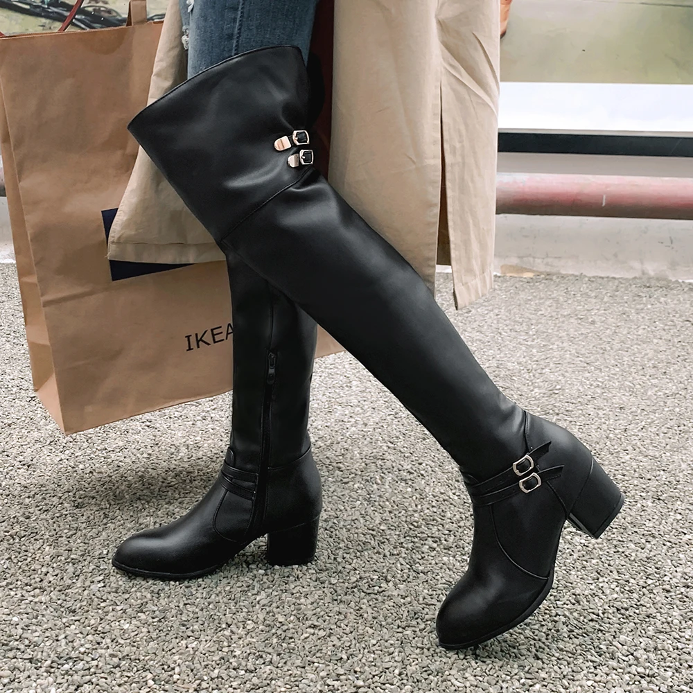 Fashion Knee High Boots Women Winter Boots Chunky Low Heel Long Boots Square Toe Buckle Autumn Female Thigh Boots Black White