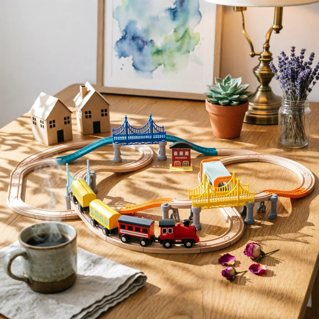 Wooden Train Track Playset with Powered Engine Educational Interlocking Railway Kit Toy Set for Toddlers