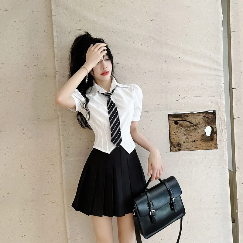 

Hot-Selling Summer New College Style Waist-Cinching White Short-Sleeve Shirt Women Versatile Design Top Women