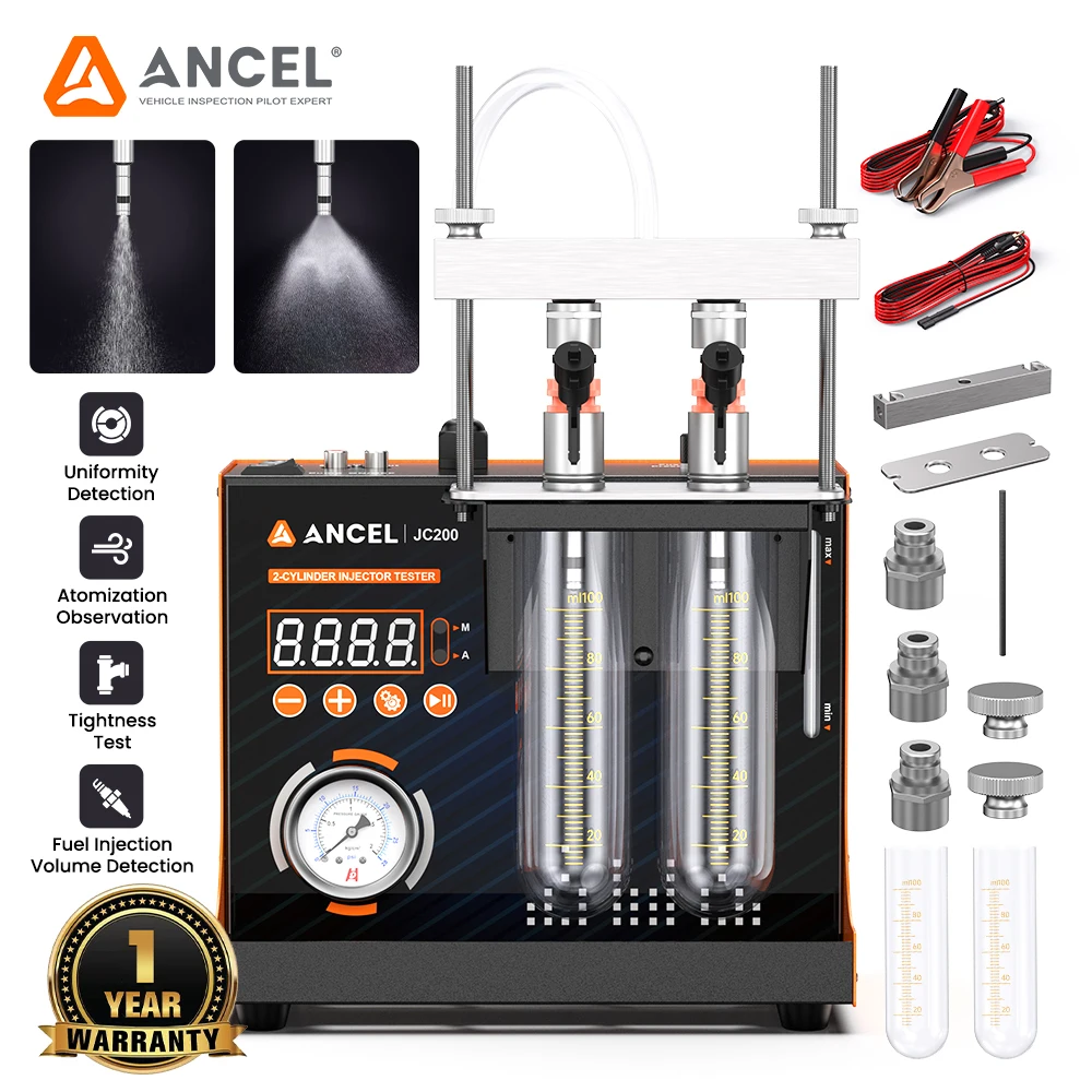 

ANCEL JC200 2-Cylinder 12V Car Motorcycle Fuel Injector Tester Cleaner Machine Fuel Spray Nozzle Cleaner Built-in Air Pump