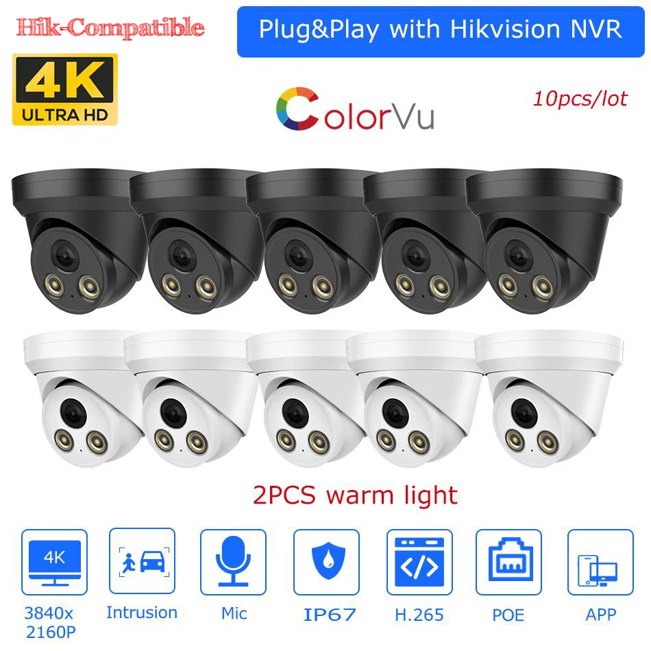  Hikvision Compatible 8MP Colorvu IP Camera Built in MIC Human Vehicle Detection CCTV Surveillance Network Camera 10pcs