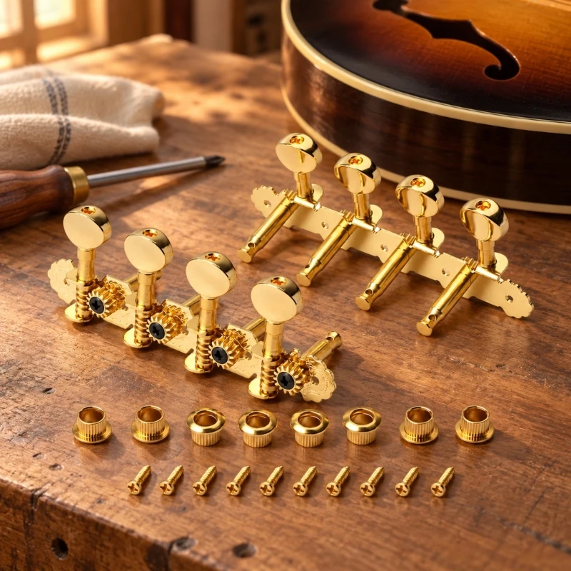 Mandolin Guitar Tuning Pegs Replacement Set with 8 Geared Posts, Two Linked Four-Post Metal Assemblies, Gold Finish for 24BD