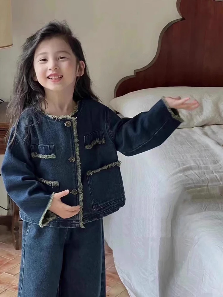 Girls\' Denim Set Washed Tassel Vintage Coat+ Loose Pants 2023 Spring And Autumn New Fashion Kids Outfit Casual Clothing Set