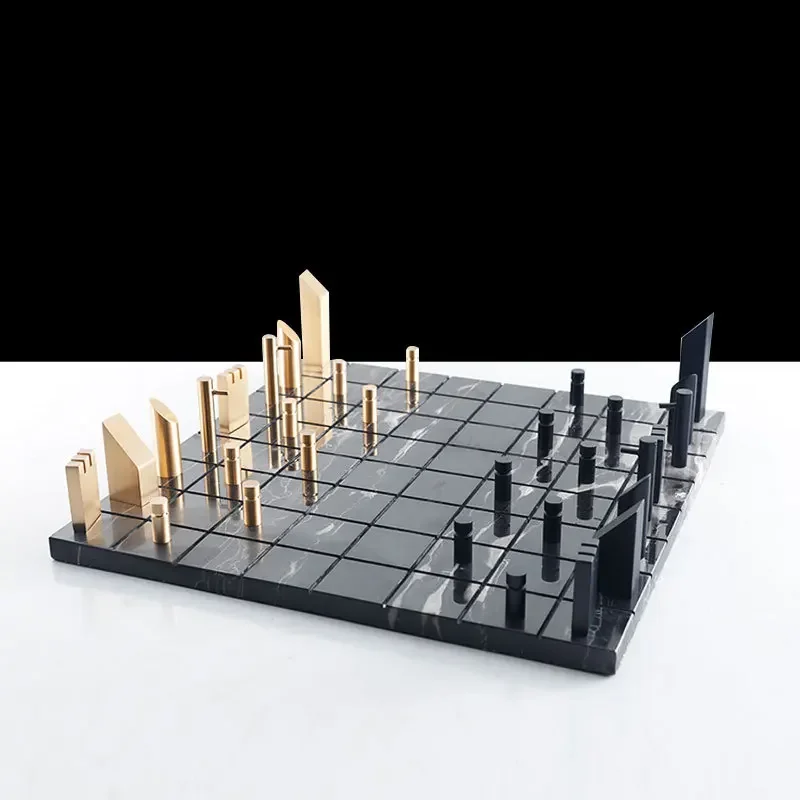 Creative Metal Marble Chessboard Golden Chess Geometric Square Check King Game Decorative Figurines Home Decoration Accessories