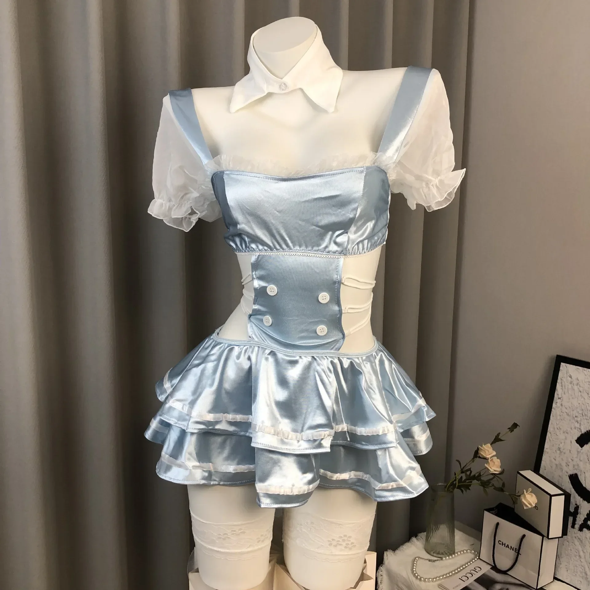 Cute Sweet Maid Uniform Cosplay Costume Backless Bandage Mini Dress Lolita Suit Anime Girl Underwear Role Play Outfits Halloween