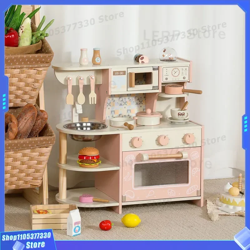 Wooden Pink Coffee Machine Toy Set for Toddler Pretend Play Kitchen Interactive House Puzzle Game Children Educational