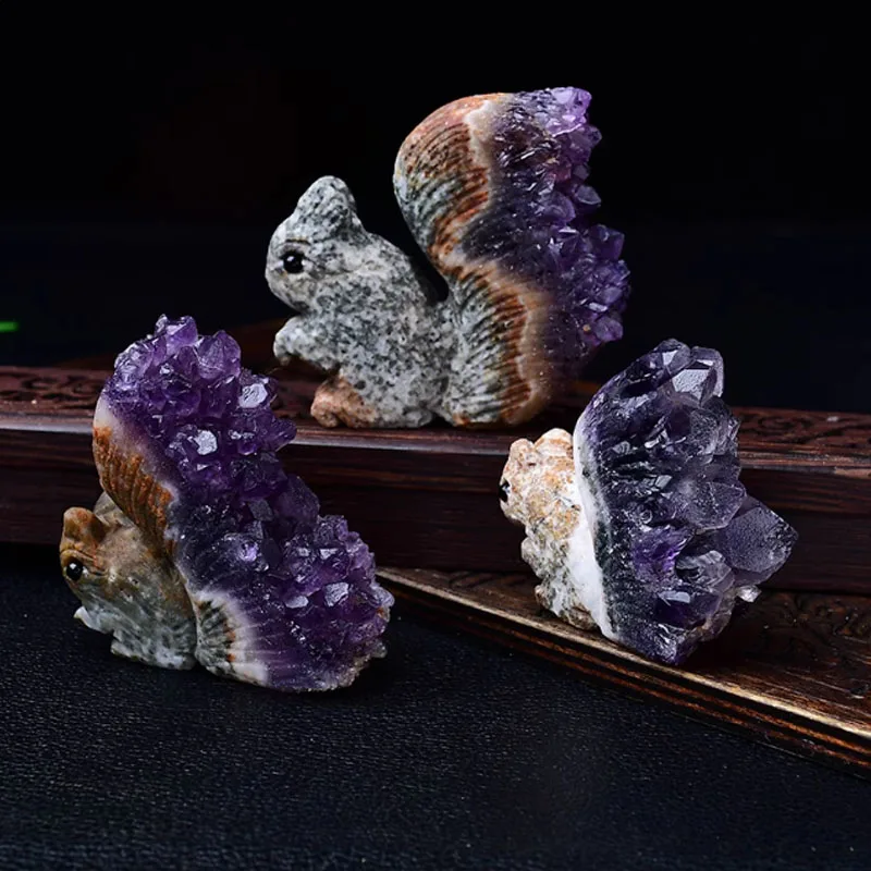 Natural Amethyst Geode Squirrel Figurine Small Freeform New Quartz Crystal Druzy Cluster Animal Home Decoration