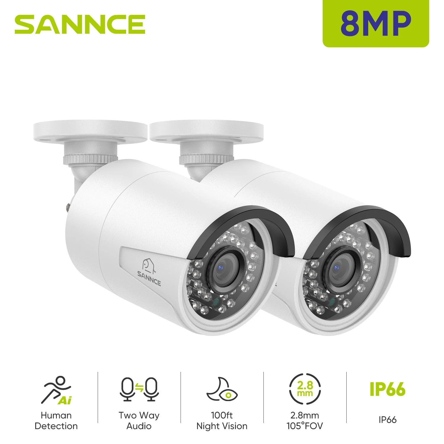 SANNCE 4K 8MP PoE IP Security Camera for PoE NVR, 2Pcs Outdoor Weatherproof Cameras with Smart IR LEDs, Night Vision