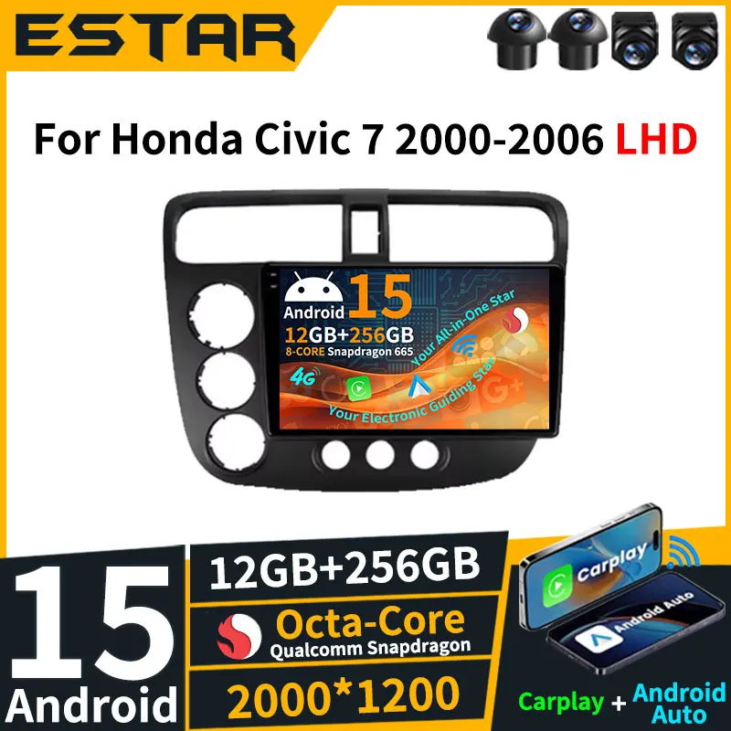 Para Honda Civic 7 2000-2006 Carplay inalámbrico Auto Android 15 reproductor de vídeo unidad principal Multimedia Octa Core QLED DSP 2din GPS DTS