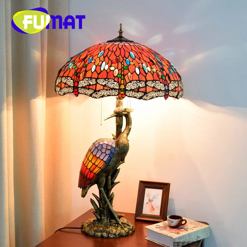 

FUMAT Tiffany stained glass desk lamp Art Lounge Restaurant Hotel Red dragonfly Crane art lamp idylle-style office lamp