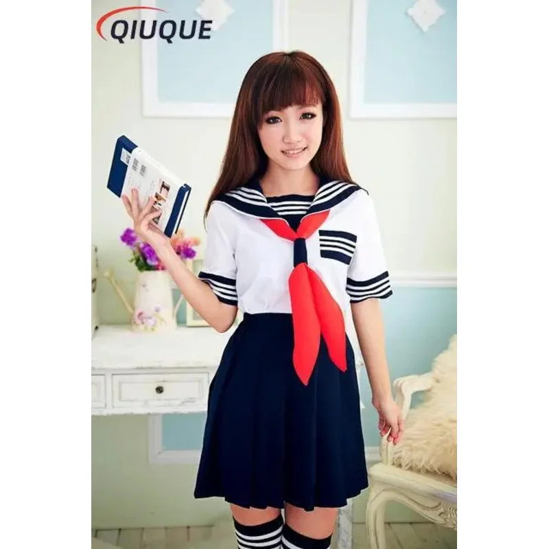 Qq45JK uniformes estudiantes de escuela japonesa vestido de moda trajes de marinero negro azul marino conjunto para niñas disfraz Cosplay Top falda cuello