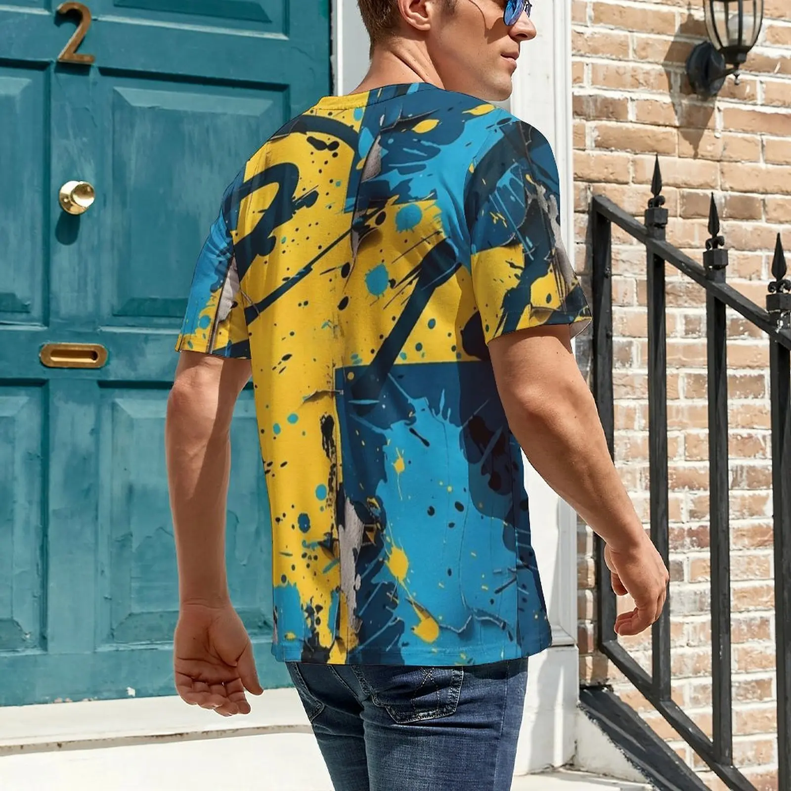 Swedish Flag Splatter Graffiti T-Shirt For Couple O Neck T-Shirts Summer Hip Hop Tops Short Sleeve Casual Big Size Tee Shirt