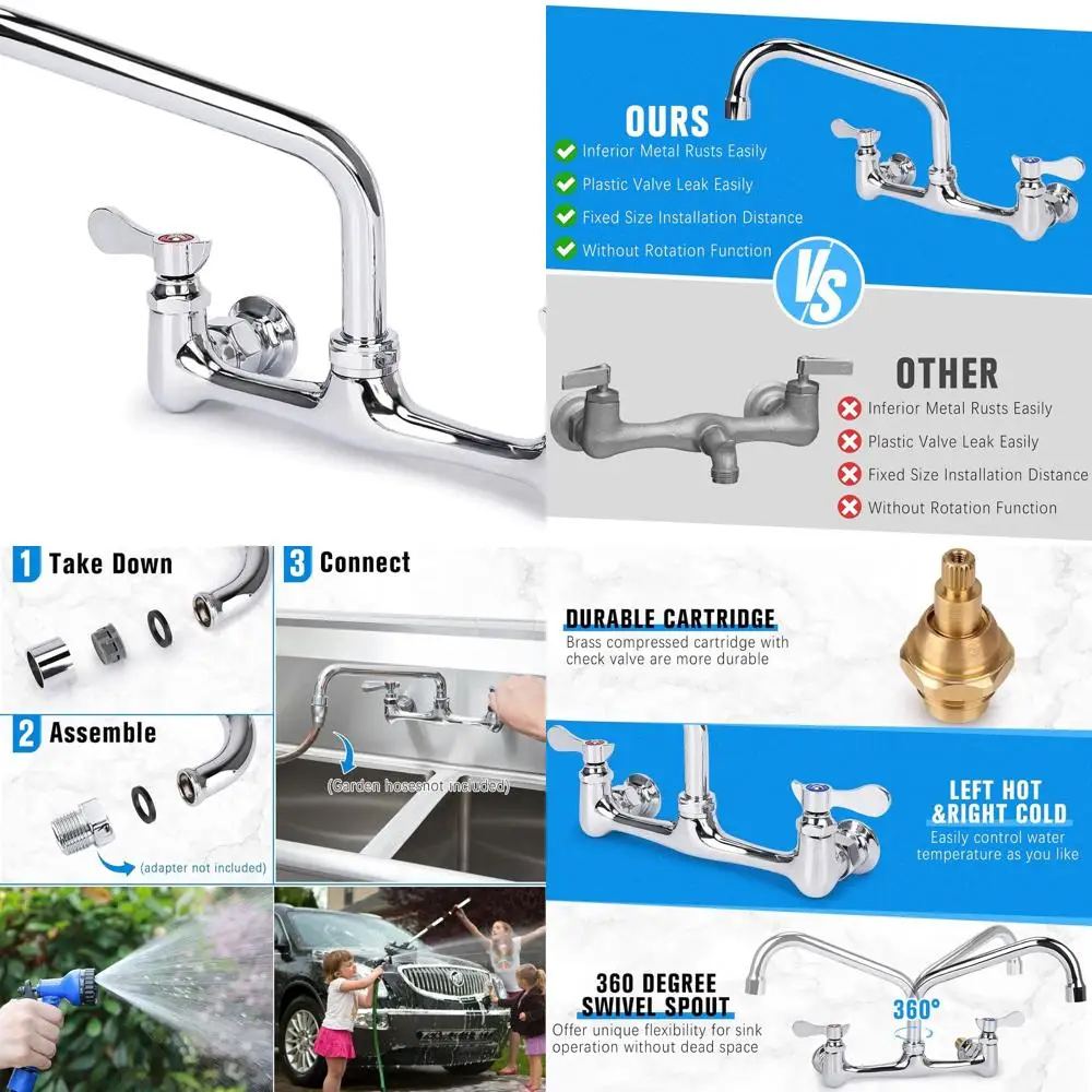 

8 Center Commercial Wall Mount Sink Faucet with Swivel Spout and Dual Handles for Utility, Laundry, and Restaurant Use in Polish