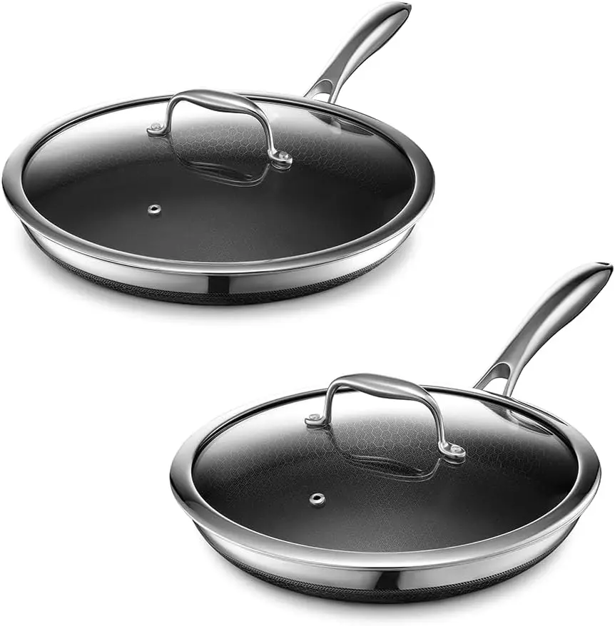 

HexClad 4 Piece Hybrid Stainless Steel Cookware Set - 10 Inch Frying Pan with Lid and 12 Inch Frying Pan