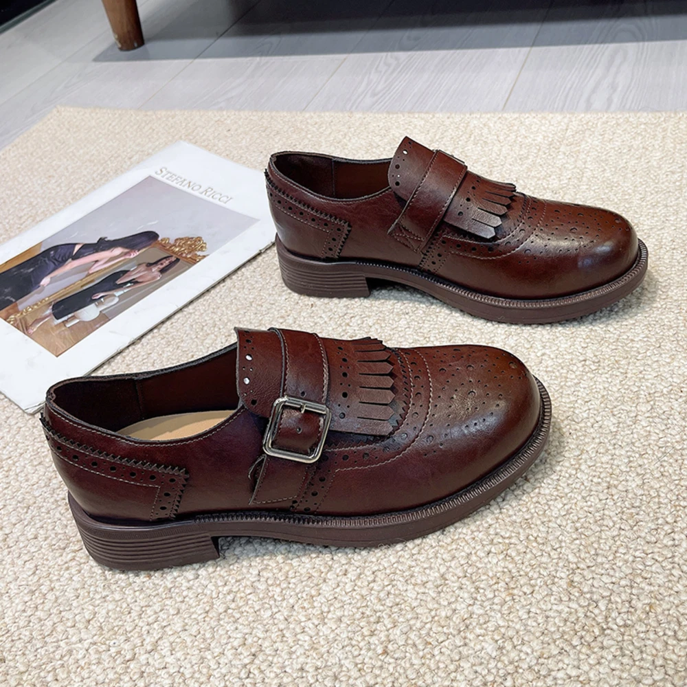 

Loafers Women Genuine Leather Tassel Belt Buckle Chunky Heel Shallow Mixed Colors Designer Ladies Shoes Handmade