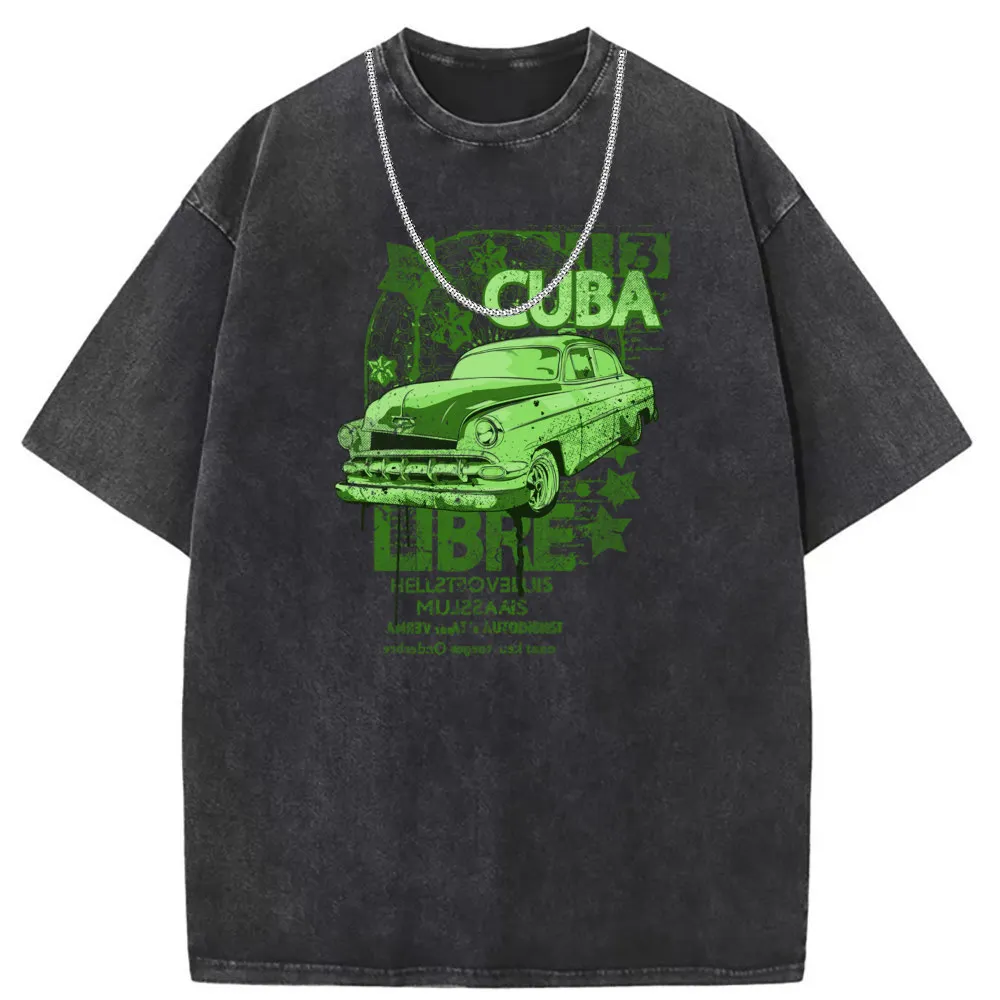 Free Cuba Car T Shirt Style Washed Tshirt Summer Fall Sweatshirts Party Long Sleeve Streetwear O-Neck