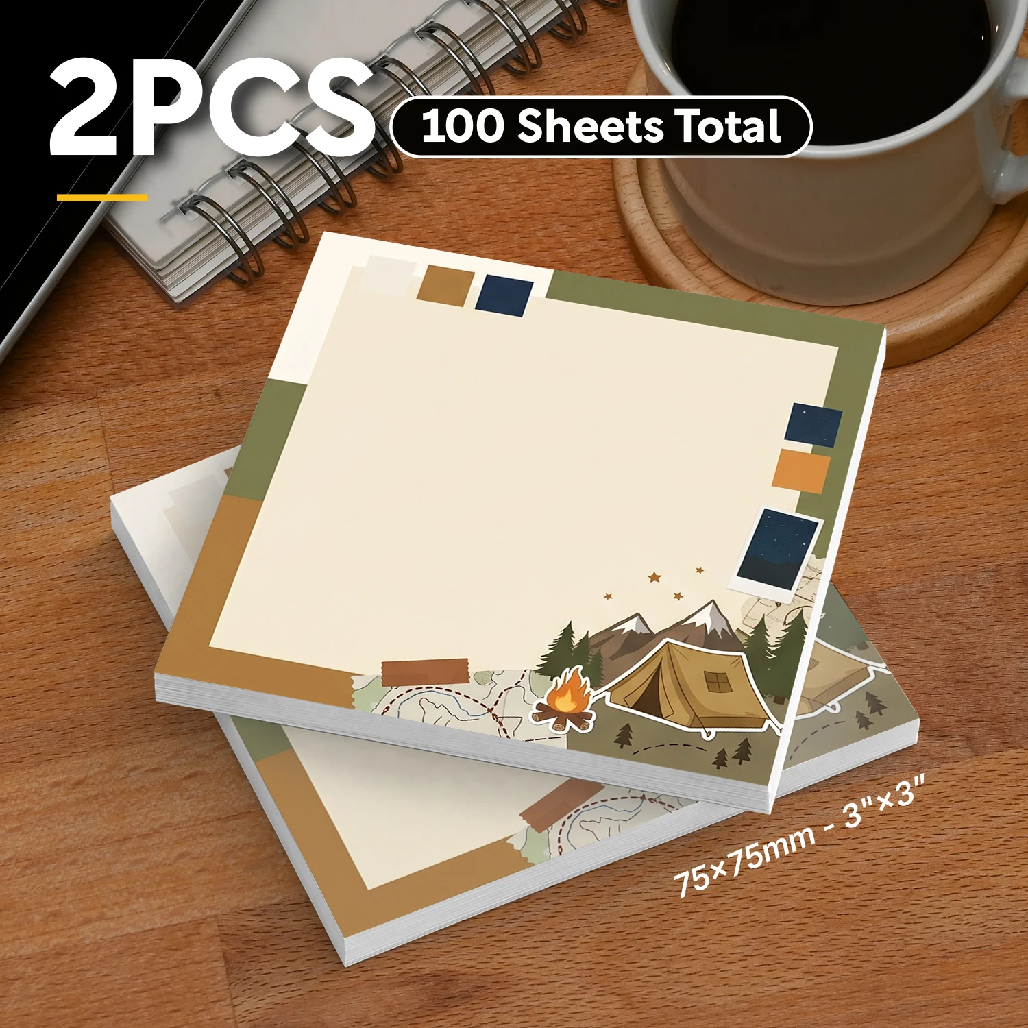 2pcs Camping Sticky Notes, Mountain Forest Adventure Memo Pads, 100 Sheets Total, Removable Self-Adhesive Notes for Planner