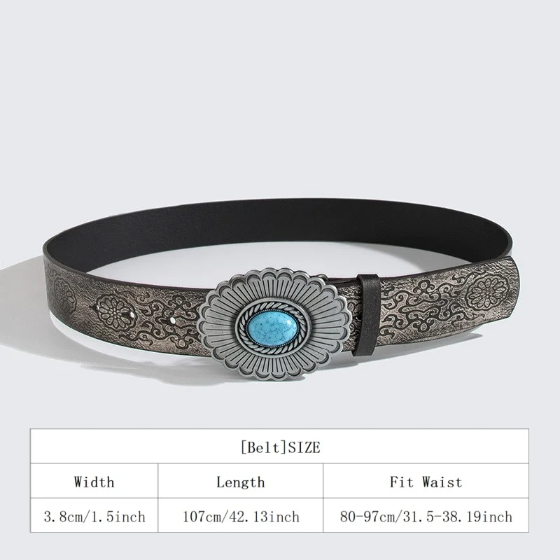 Retro Aged High-Quality Heavy-Duty Large Gem Flower Women's Belt Fashion Dark Leather Embossed Trendy Y2K Women's Belt