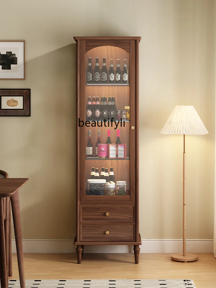 North America Black Walnut Glass Storage Wine Cabinet Height Clothes Closet Solid Wood Simplicity Living Room Display Cabinet