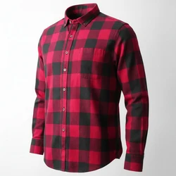 Men's Contrast Color Plaid Print Long Sleeve Cotton Shirt, Spring/Fall Fashion Outerwear For Male, Slim-fit Thick Flannel Shirts