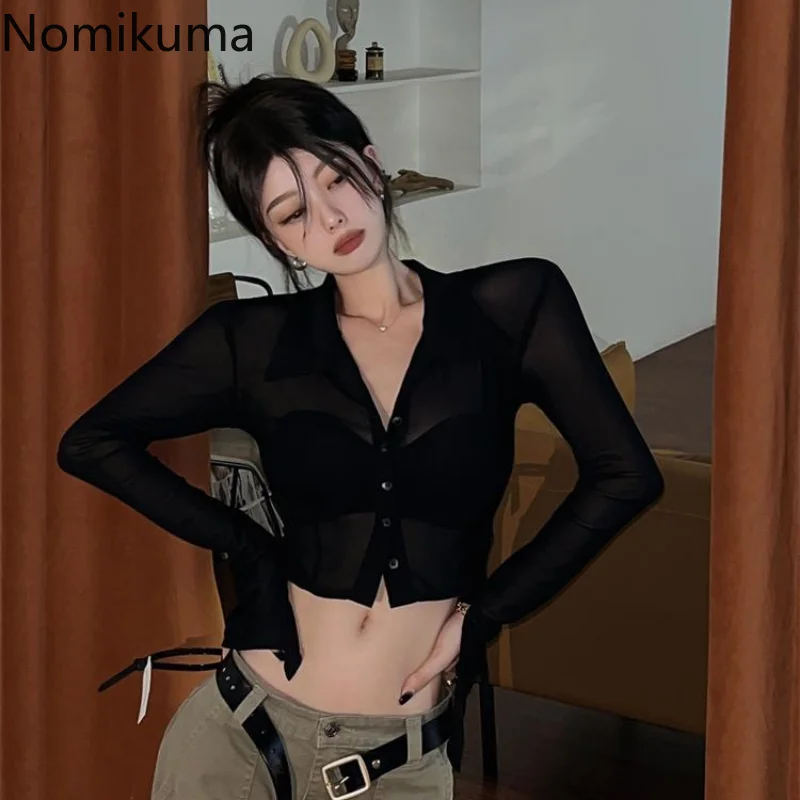 Nomikuma Blusas Mujer De Moda 2022 Flare Sleeve Hollow Out High Waist Gauze Chic Blouses Vintage Elegant Sexy Camisas E Blusas