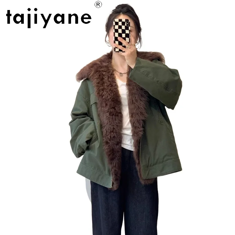 Tajiyane معطف فرو صوف الغنم الطبيعي توسكانا للنساء متوسط الطول سترة باركر بيضاء من ريش الإوز ملابس نسائية شتوية 2025 شوروبا