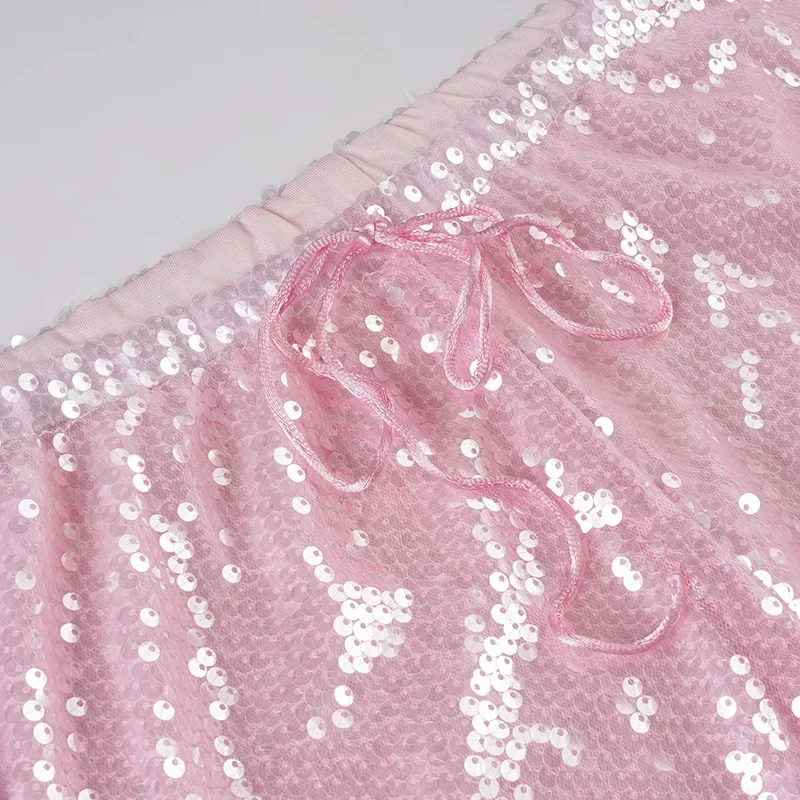 여성 패션 글리터 스팽글 루즈 스트레이트 팬츠 레이스업 허리 나이트 클럽웨어 파티 바지 올 매칭 스트리트웨어 바지