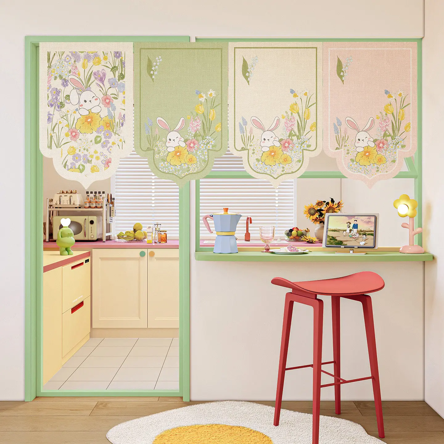 VIKAMA Floral Bunny Forest Single Valance Curtain Velcro Punch Free Bedroom Door Soft Fresh Fabric Curtain