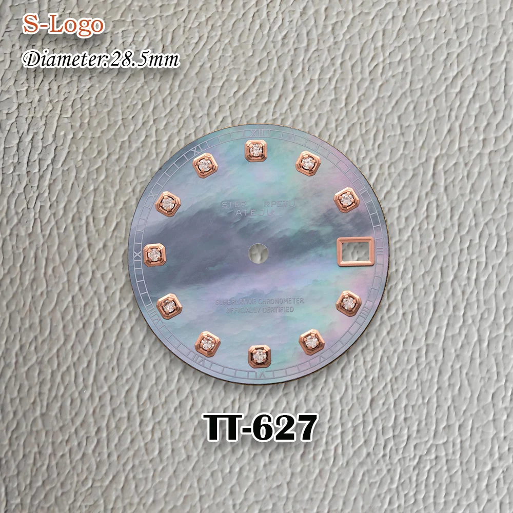 New 28.5mm S Logo Diamond pearl shell NH35 Dial Golden Index Dial Fit NH36 Movement No Luminous Watch Modification Accessories