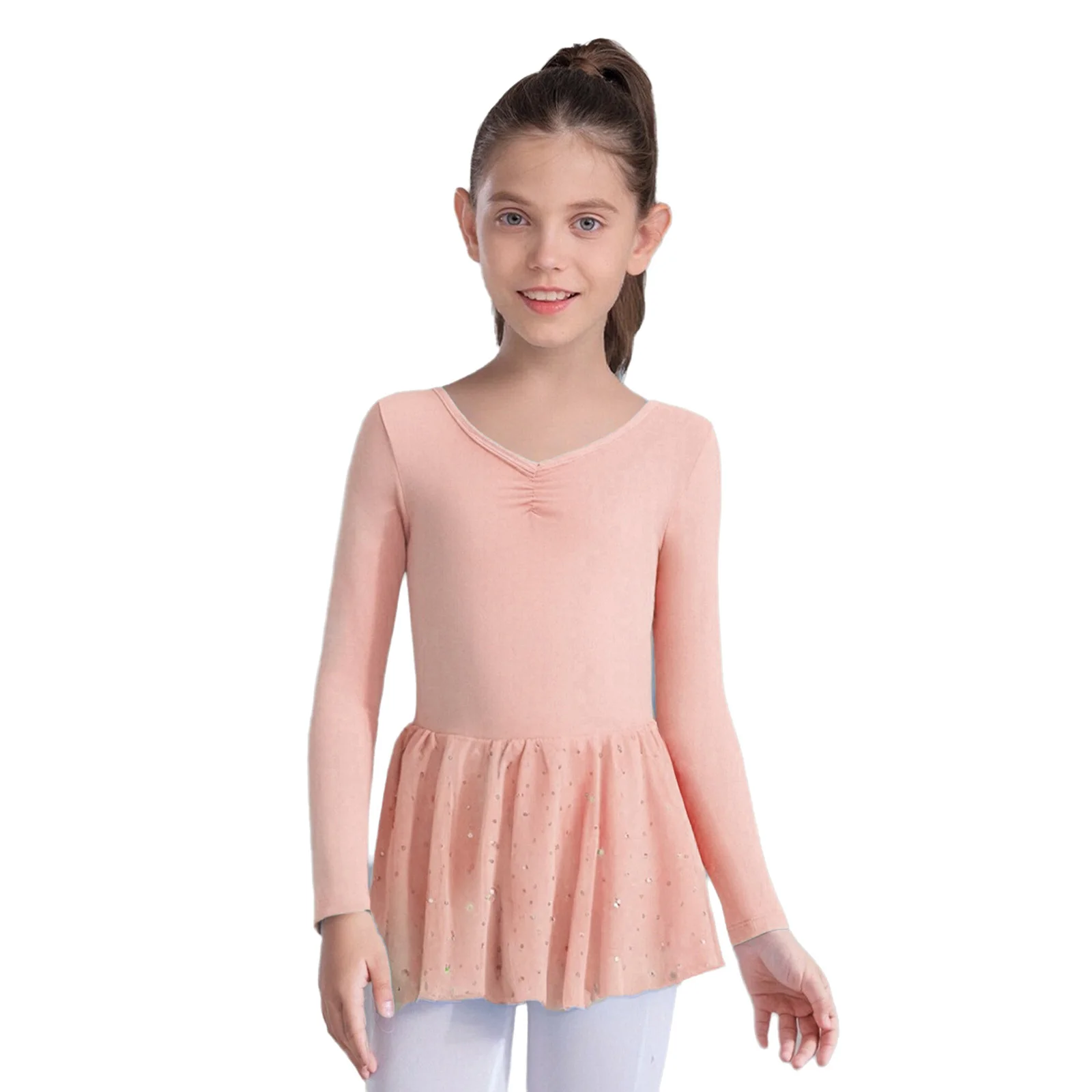 Vestidos de calentamiento de baile de Ballet para niñas, vestido de lentejuelas de manga larga fruncido frontal para práctica de calentamiento, leotardos de baile