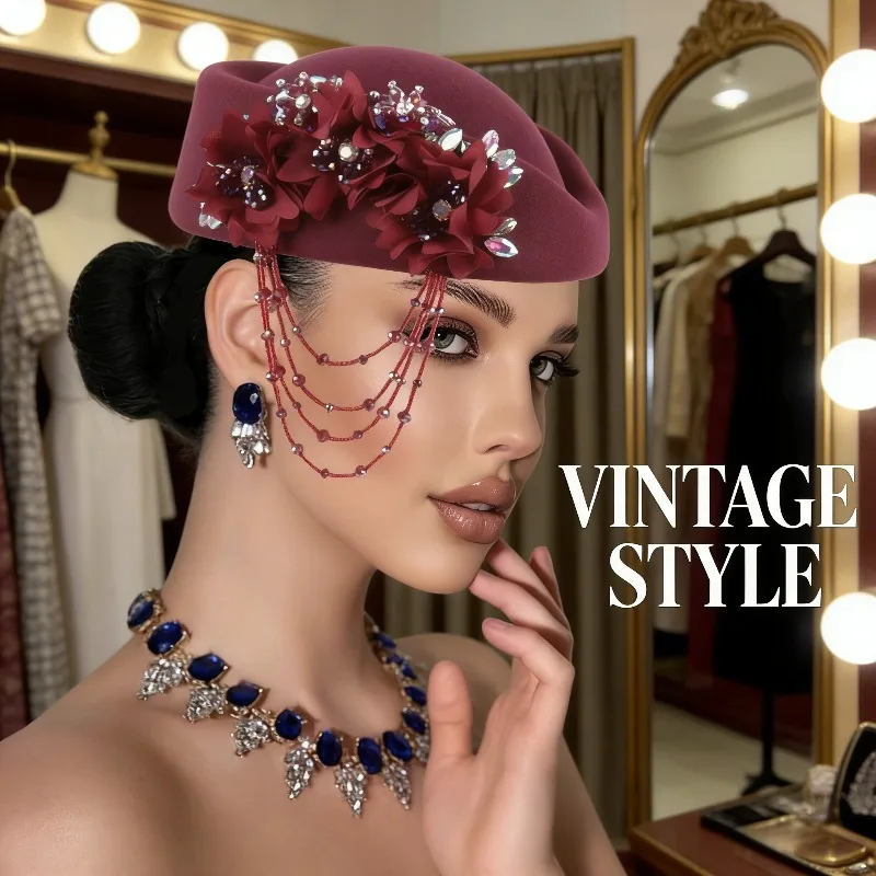 

European Retro British Style Felt Turban Hat Rhinestone Fringe Derby Headpiece Women’s Soft Beret Cap for Church Parties