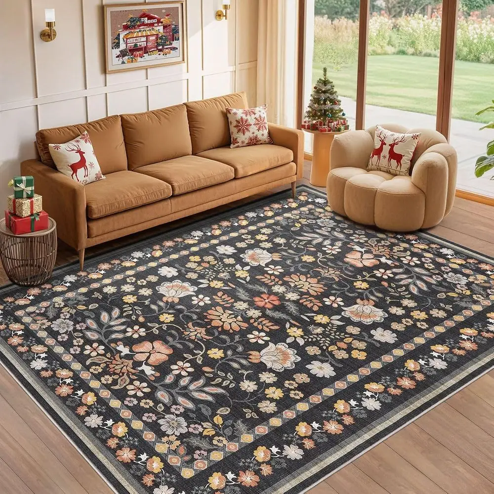 

Large Boho Floral Area Rug - Washable, Soft, Non-Slip, Thin Carpet for Living Room, Bedroom, Dining, Playroom, Office - Black an