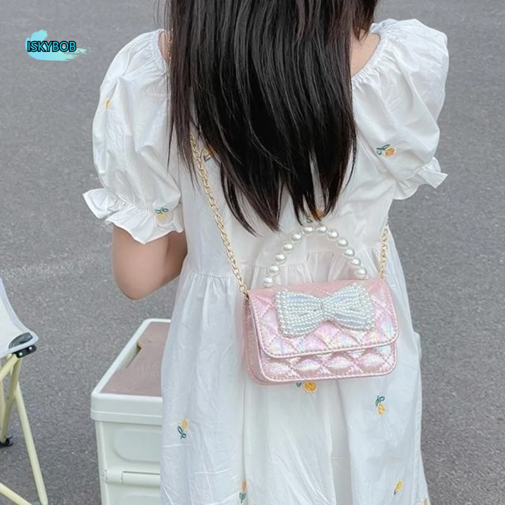

Casual PU Leather Pearl Handbag Mini Korean Style Bow Crossbody Bag Solid Color Chain Children Coin Purse Kids