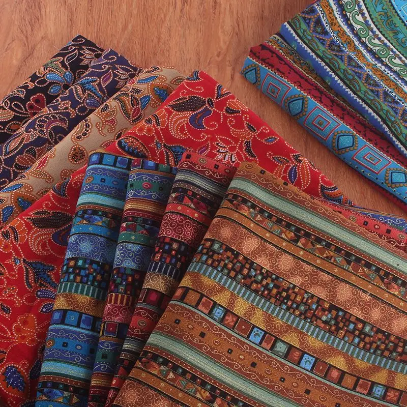 Ethnic Style Cotton Linen Gold-plated Fabric Retro Chinese Style Printed Bar Tablecloth DIY Decorative Handmade Fabric