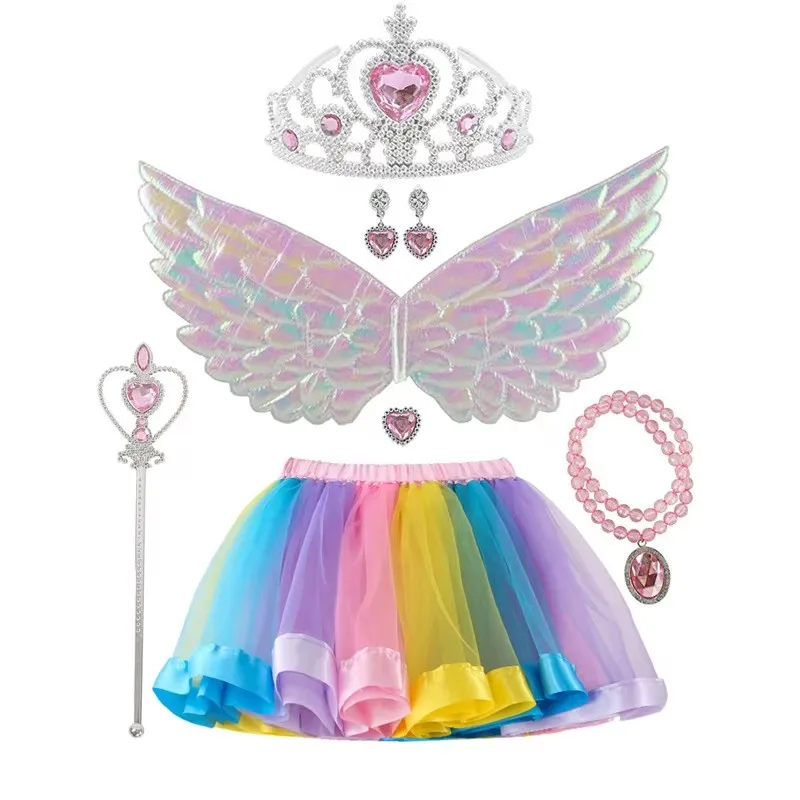 Seven Piece Girl Half Skirt+Accessories+Wings Rainbow Skirt Set Sweet And Cute Children's Half skirt Performance Suit