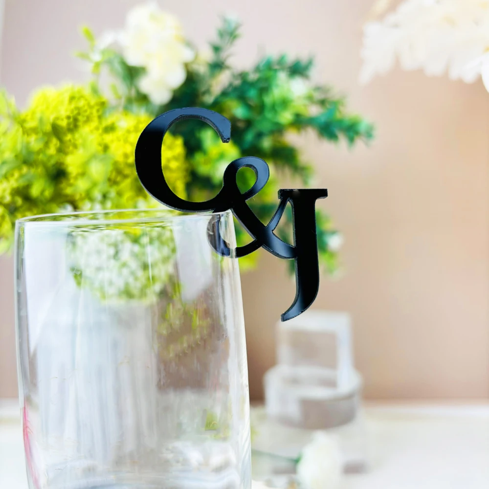 

Personalized Drink Stirrers Glass Initial Name Tags Cocktail Drink Markers Mirror Drink Charms Wedding Decor Black Tags