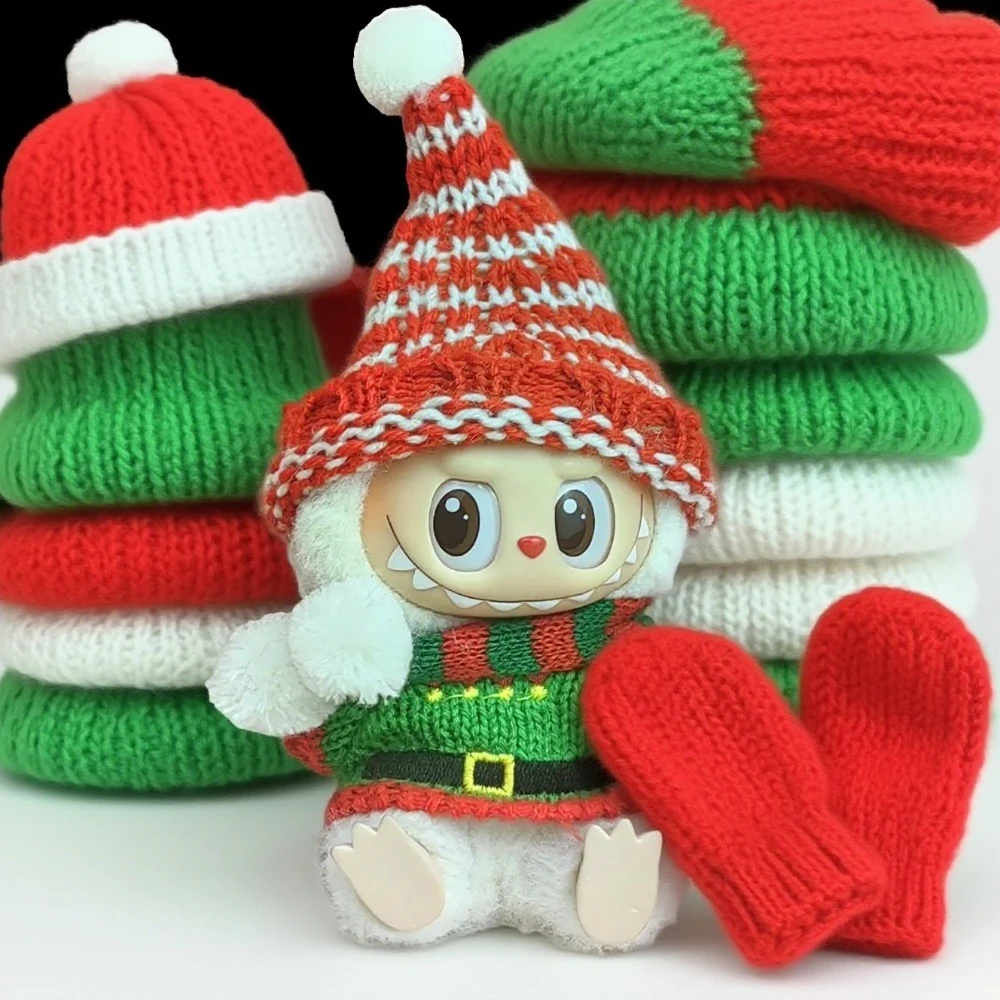 15-17CM 라부부 인형 옷 메리 크리스마스 모자 스카프 엘크 눈사람 세트 미니 플러시 인형 액세서리 새해 드레스 선물