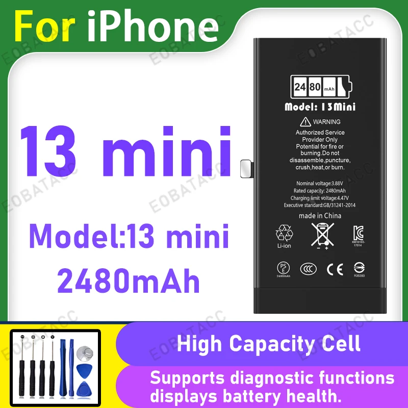 2480mAh Diagnostic Battery With Genuine Part Number Display No Pop-Up Message For iPhone 13 mini High Quality Replacement +Tools