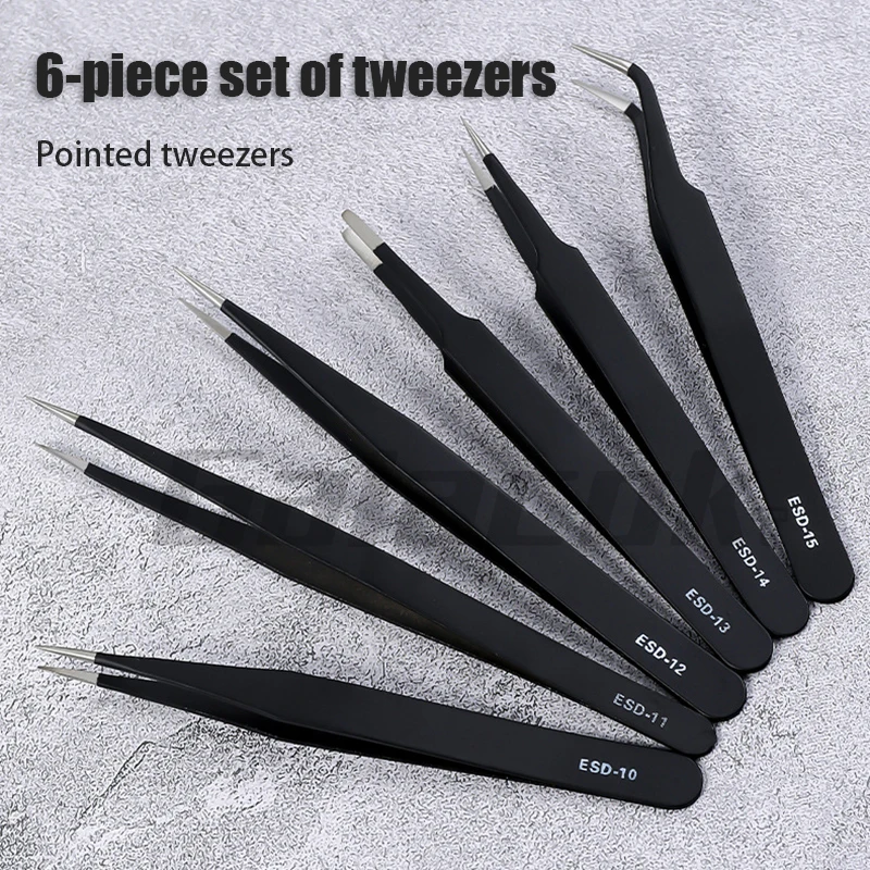 Antistatic Stainless Steel Tweezers 6 PCS Precision Maintenance Industrial Repair Curved Tool Home Work Model Making Hand Tools