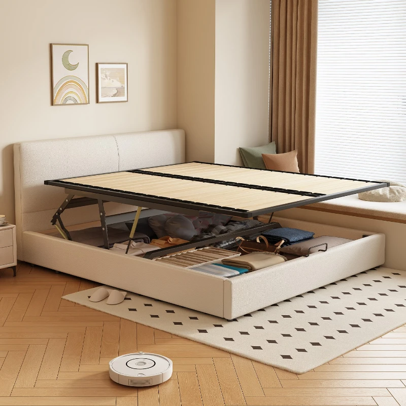 

Solid wood with smooth edges and thin bedhead, space-saving high box storage bed, small apartment steel and wooden rack frame