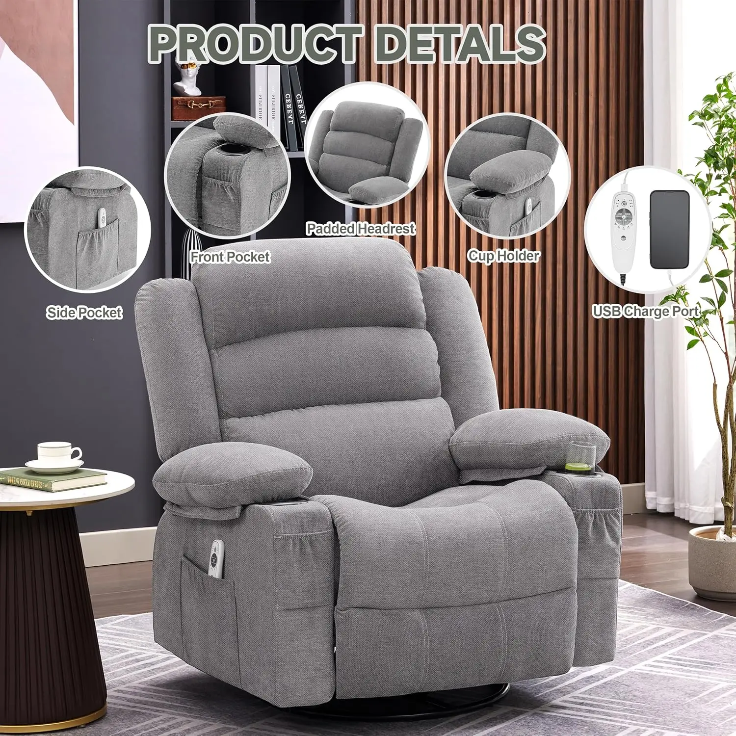 Chair with Heat and Massage, 360° Swivel Recliner Chairs for Adults, Oversized Recliner Single Sofa Seat with Cu